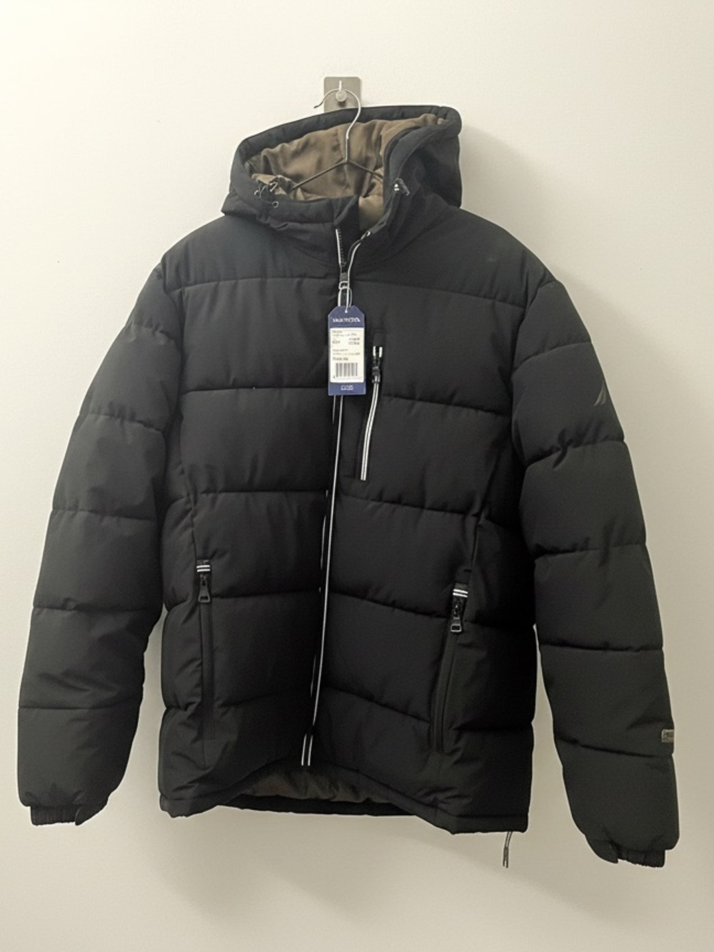 Nautica Men’s Black Hooded Puffer Jacket Size L | Water Resistant Wind Resistant